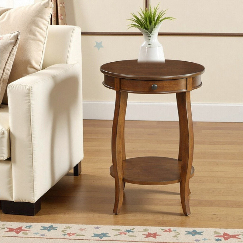 Table d'appoint ronde avec plateau et tiroir, Brun