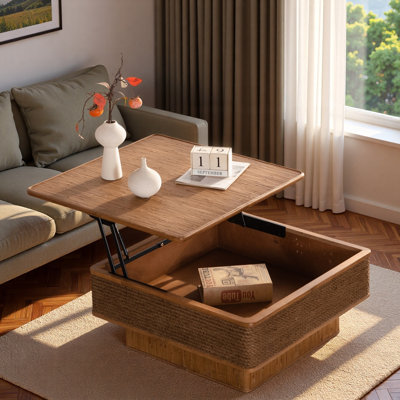 31.52"square Rattan + Hemp Rope Coffee Table With Lifting Mechanism And Hidden Storage Space