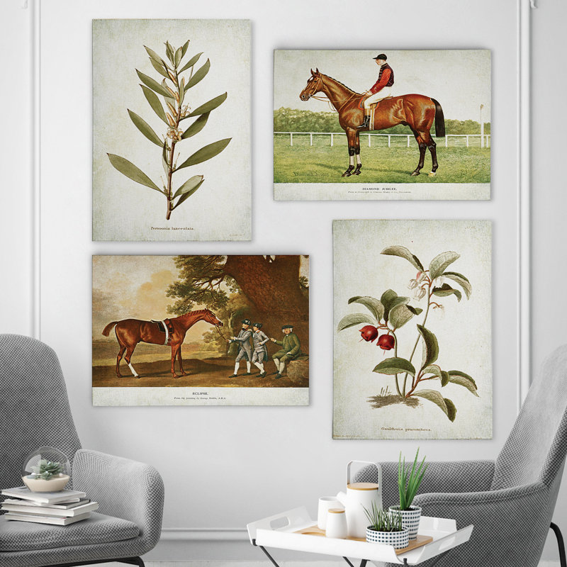 «Vintage Equesitrian and Floral Mix», ensemble de 4 reproductions d'art sur toiles, H 20 po x l 64 po x P 1 po