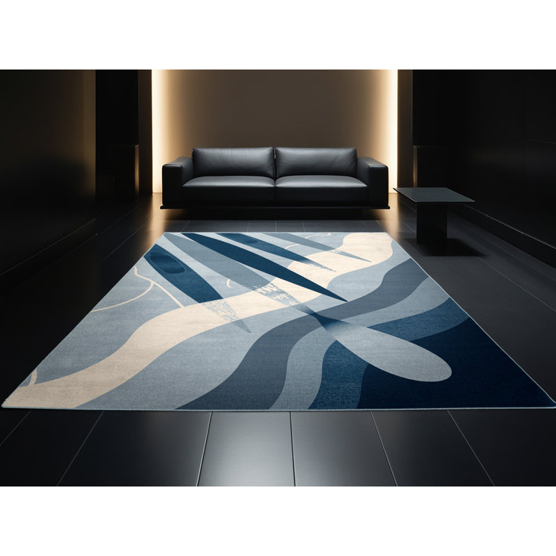 Machine Washable Marvale Canoe Sprint Modern & Contemporary Rug in Gray – SkyBlue Binding, 8x12