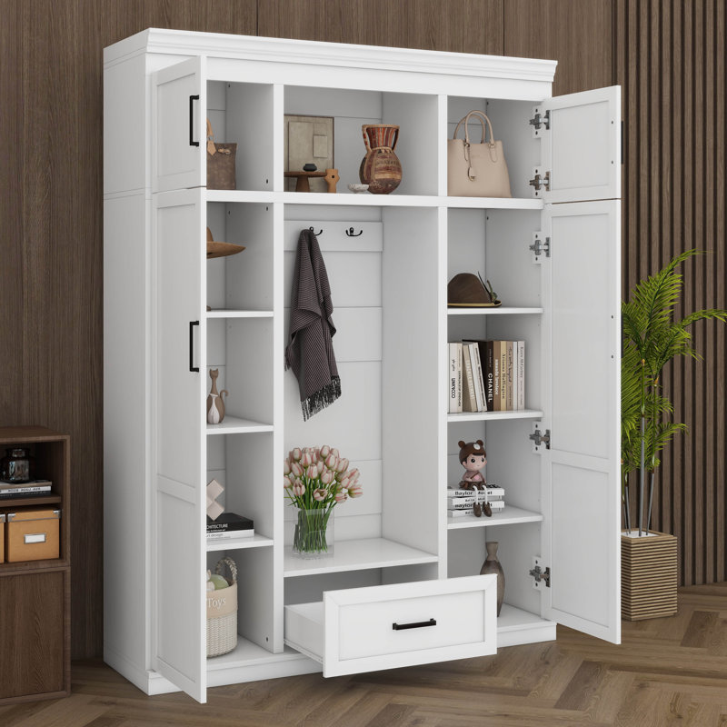 Arbre d'entrée 85,5 po avec banc, armoire de rangement pour hall d'entrée avec 3 crochets, portemanteau avec 4 portes, 1 tiroir et tablettes réglables