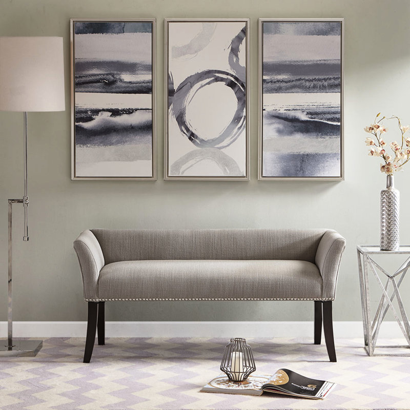 Banc rembourré gris moderne, pieds en bois massif, décor chic en contreplaqué et contreplaqué, dossier bas, Gris