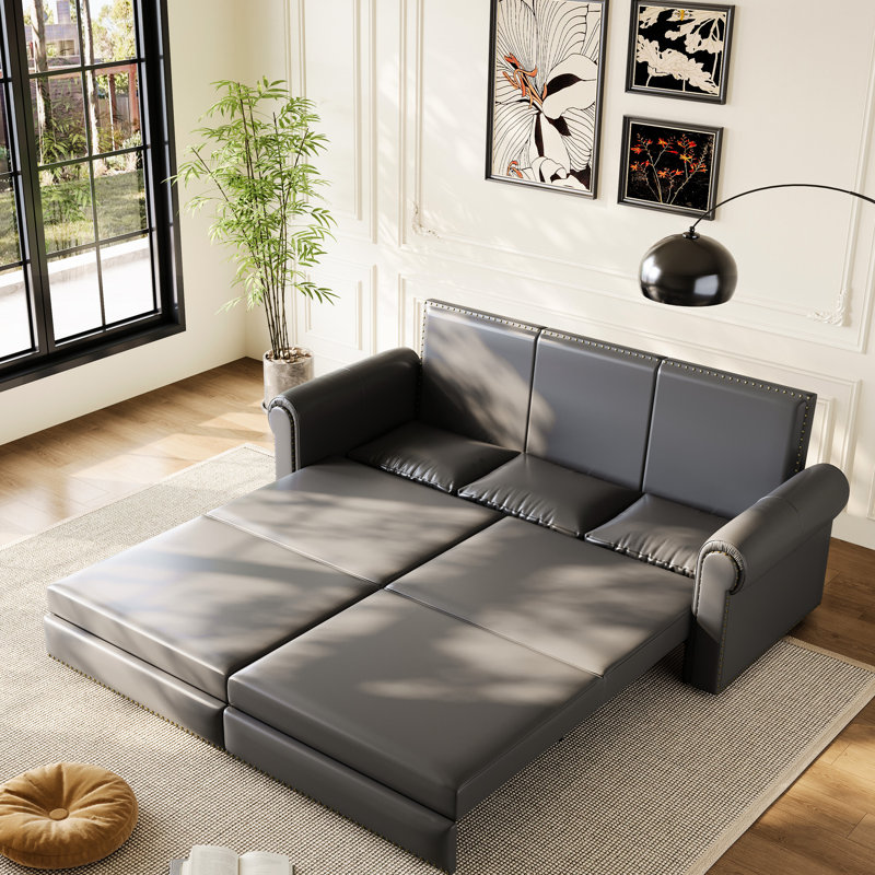 Lit convertible gris en similicuir 31 po avec accoudoirs roulés de 93,7 po pour vous détendre dans la garniture cloutée de votre chambre d'amis