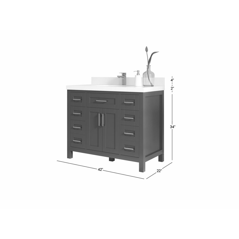 Meuble-lavabo simple 42 po avec plateau en quartz Cambridge, Blanc