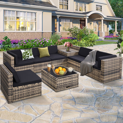 8-Piece Outdoor Wicker Rattan Patio Sectional Furniture Set with Thick Cushions, Hidden Storage Glass Top Table