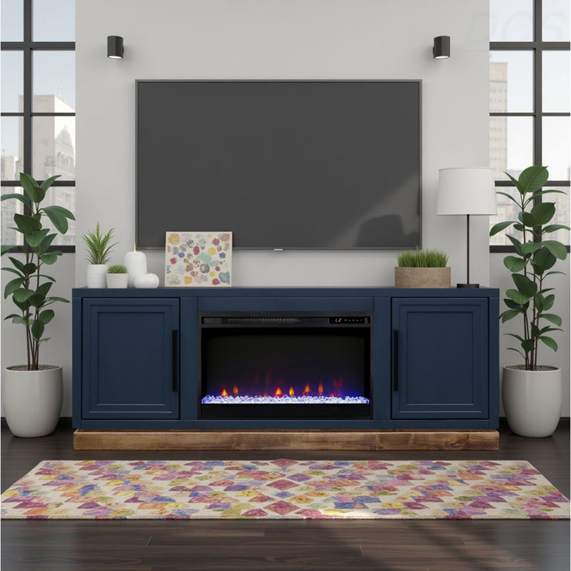 Meuble télé avec foyer 64 po Nora, H 27,02 po x l 64,03 po x P 17,03 po, Bleu