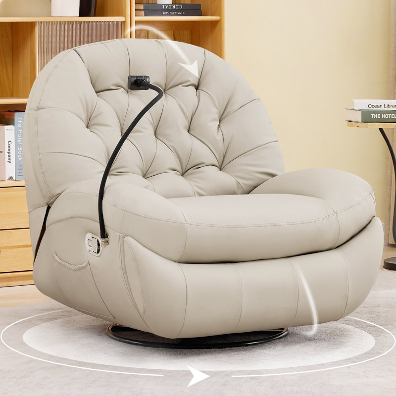 Oversized Swivel Rocker Recliner Chair,Swivel Rocking Sofa, Large Recliner Glider Chair with Phone Holder, PU Beige