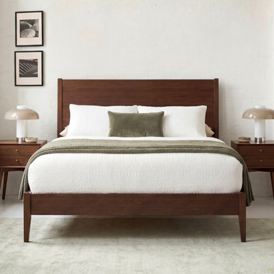 Cadre de lit plateforme en bois de bambou massif de style Mid-Century avec lattes de bois et support en métal de style Mid-Century danois moderne, aucun sommier nécessaire, assemblage facile, chocolat, grand