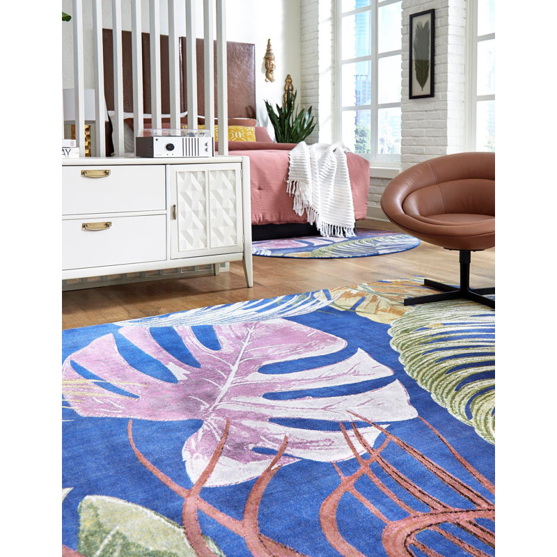 Tapis bleu marine / rose / jaune Lavern, Carré 10 pi