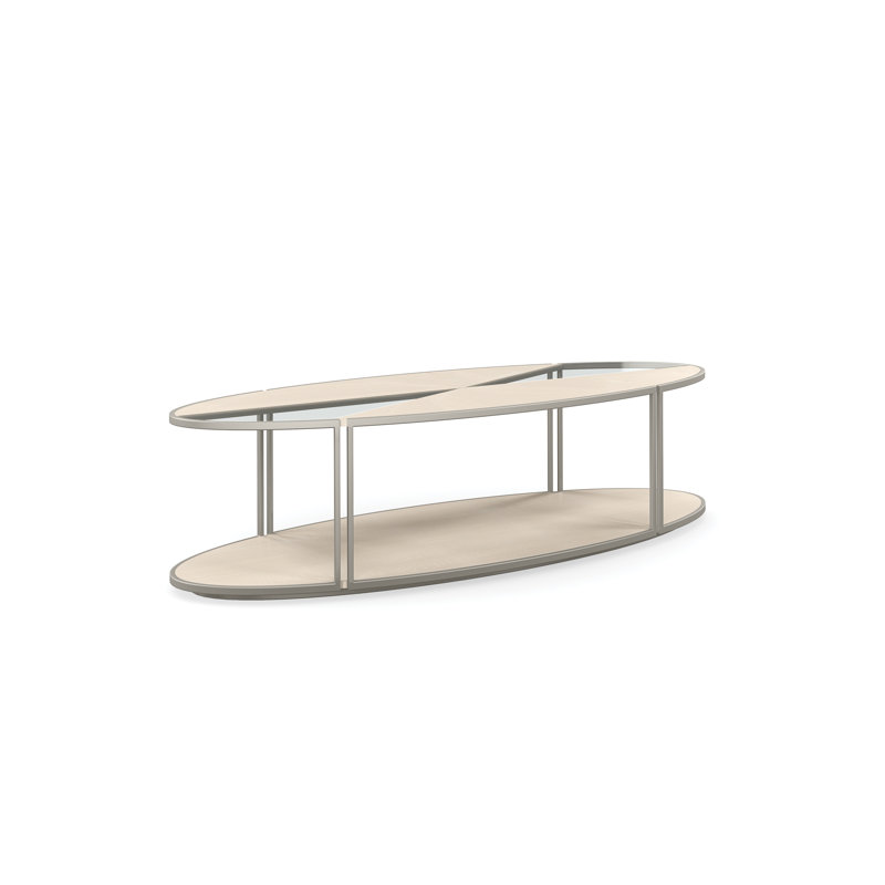 Beige and Silver Oval Wood and Metal Coffee Table