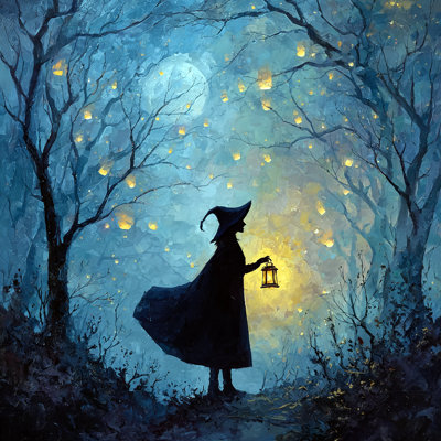 «Witch with Lantern in Enchanted Forest», art mural sur toile