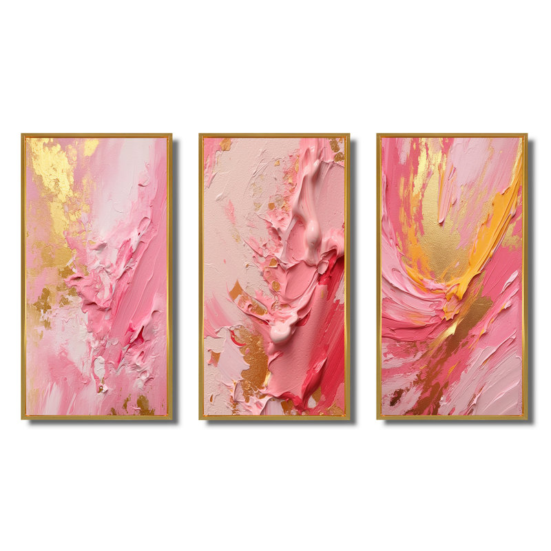 "Énergies roses et dorées" - 3 pièces, Cadre flottant doré, H 28 po x l 36 po