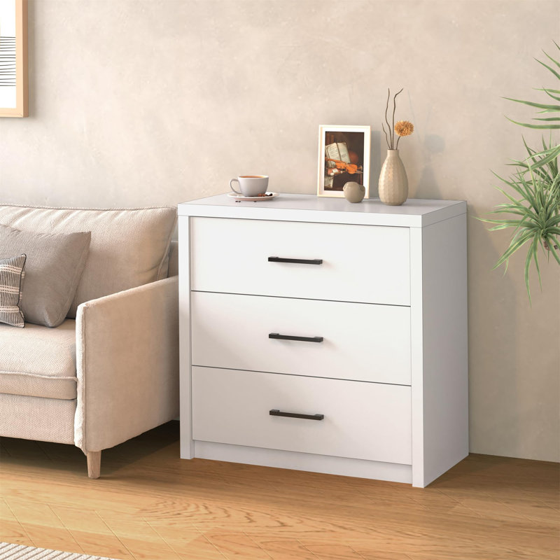 Commode 3 tiroirs en bois - Commode large pour chambre à coucher, salon ou bureau personnel, Blanc
