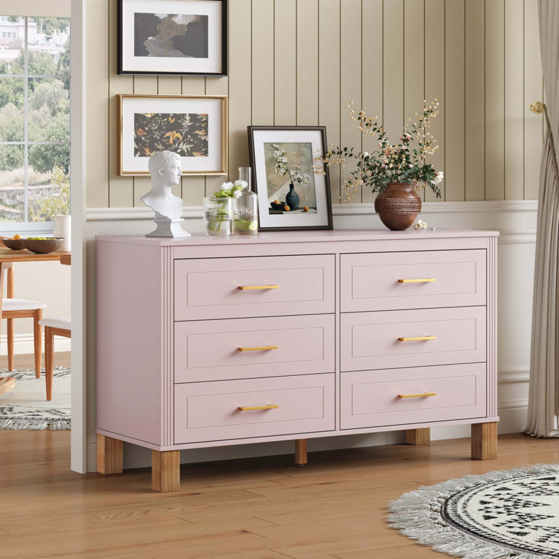 Commode moderne à 6 tiroirs avec pieds en bois massif et poignées en métal, Rose