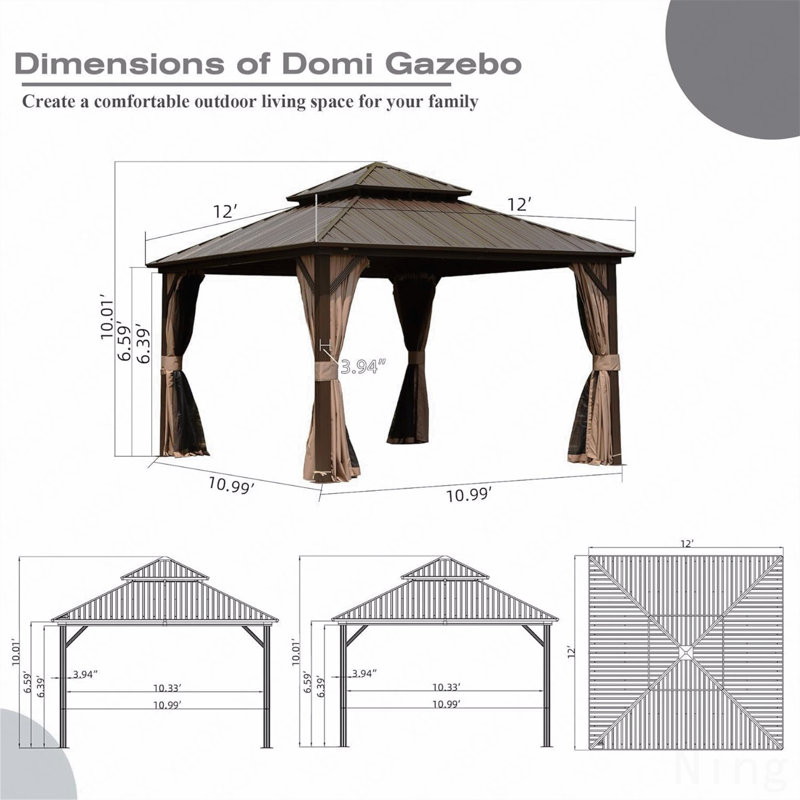 12X12FT Gazebo Aluminum, Mosquito Net For Party Use With Galvanized Steel Double Roof (Brown)