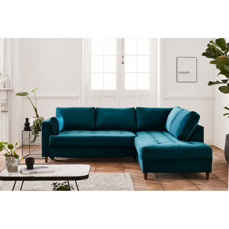 5 Seater Velvet Sofa Bed, Peacock Blue, Right Hand Facing