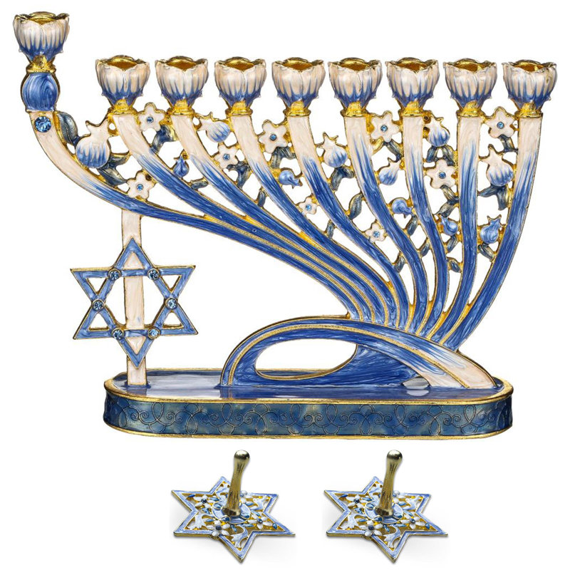 Parfait ensemble juif - candélabre de la menora émail bleu peint à la main avec écoulement moderne et étoile de David et 2 qté de cadeau de Hanoukka tournant de Dreidels peint à la main par Matashi