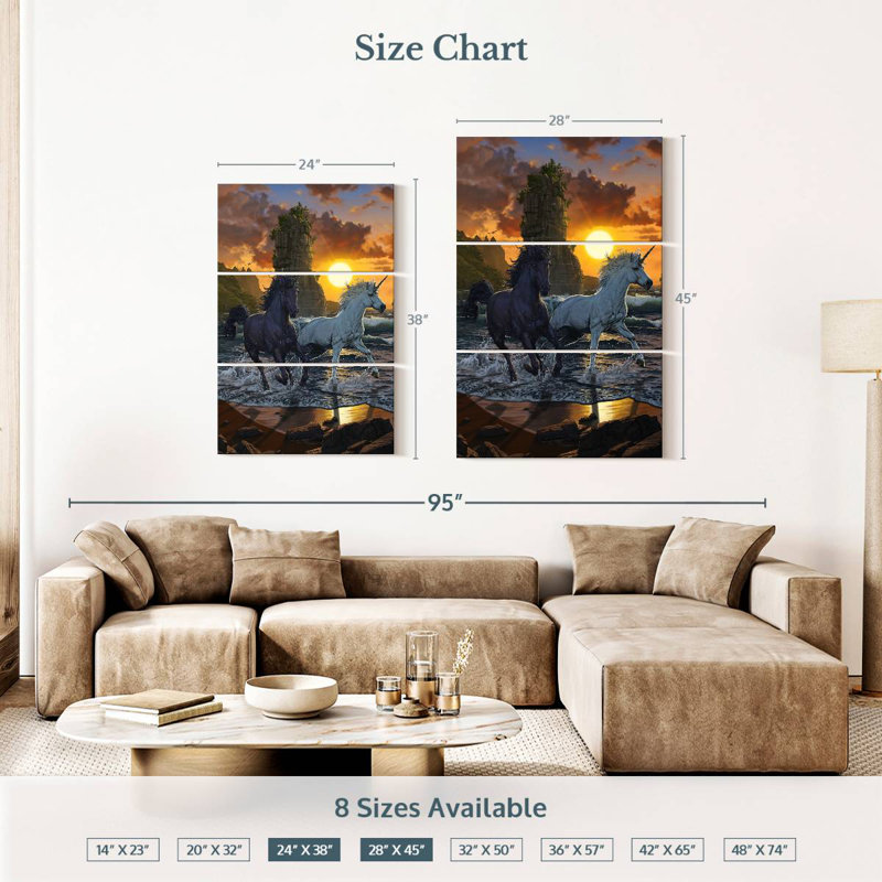 Unicorns In Sunset, 38" H x 24" W