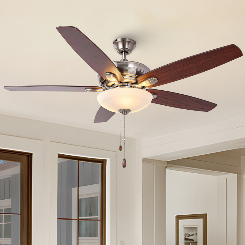 Aoibhi 52" 5 - Blade Dual Mount Ceiling Fan with LED Lights and Pull Chain, Brushed Steel with Walnut/Dark Cherry Blades