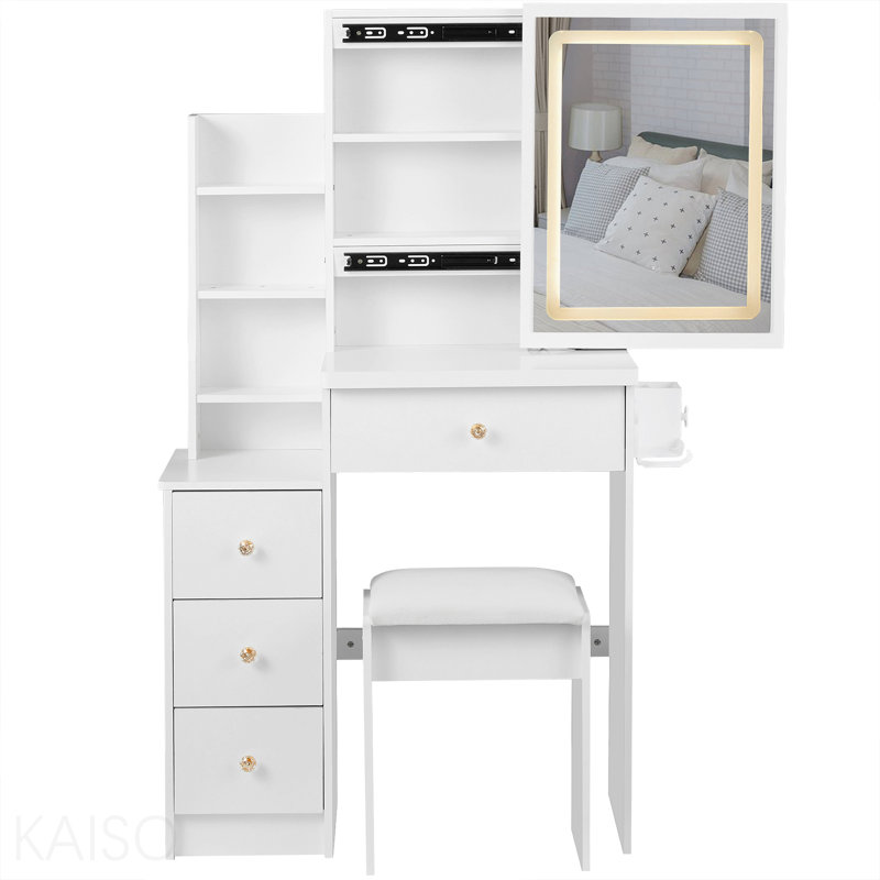 Petite coiffeuse de 29,2 po avec tabouret de chevet gauche + tabouret rembourré, centrale électrique 2 AC + 2 USB, support pour séchoir à cheveux, très grand miroir coulissant à commande tactile, changement de luminosité tricolore, réglage de la luminosité
