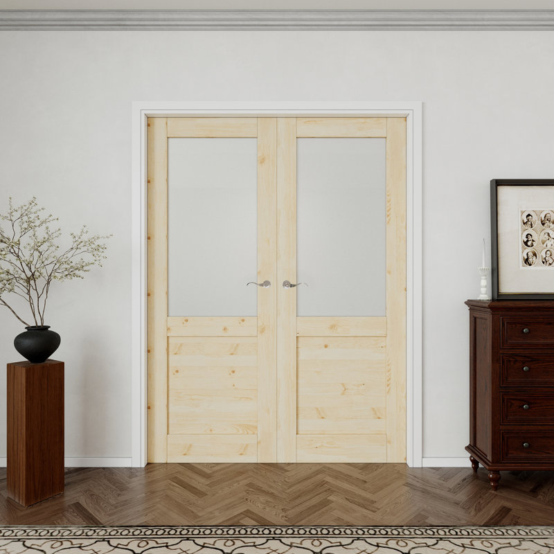 Porte intérieure en bois de pin et verre givré demi-Lite intérieur, portes françaises doubles en pin massif naturel Colonial, verre trempé certifié par la SGCC, cadre blanc et quincaillerie en nickel satiné - levier de porte d'intimité avec serrure, loquet et charnières, non fini et à peindre, 60 po x 80 po