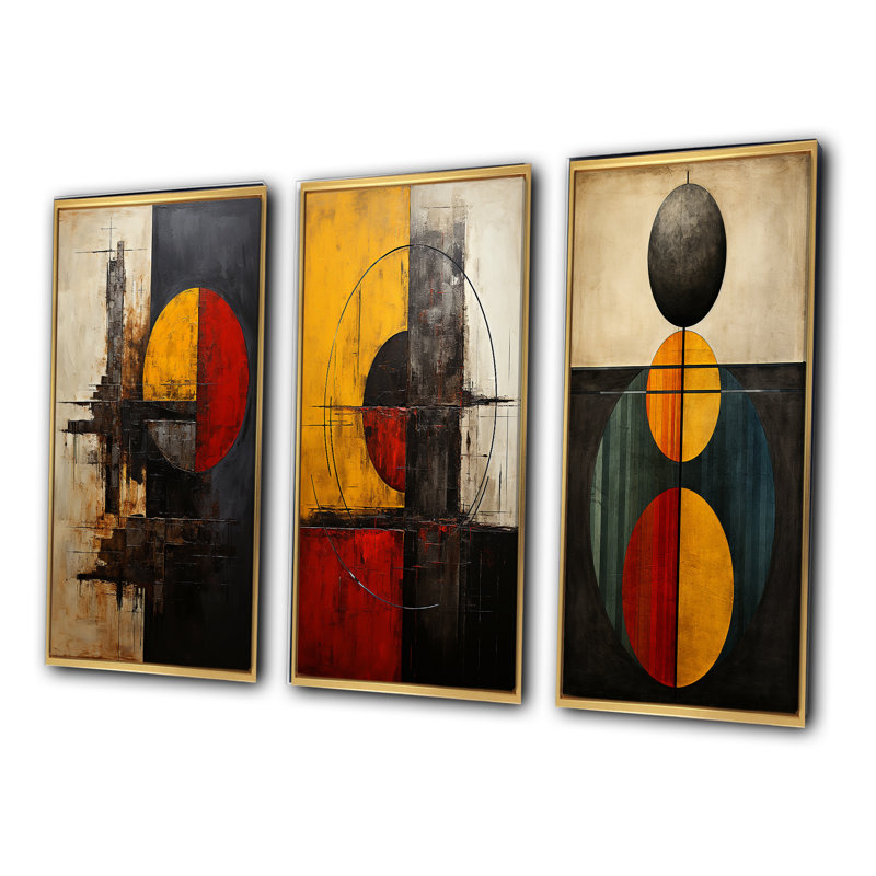 "Belge avec une abstraction géométrique I", 3 pièces sur toile, Cadre flottant doré, H 28 po x l 36 po