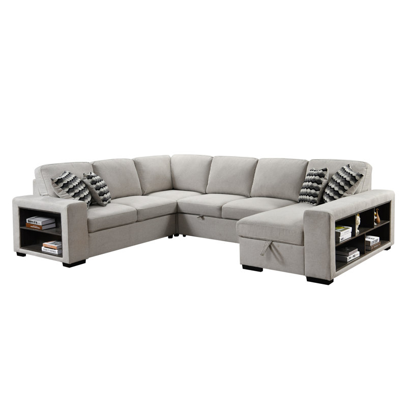 124'' Square Arms Firm Sectional Sofa U Shape Sectional Sleeper Sofa with Pull Out Couch and Storage Chaise, Beige