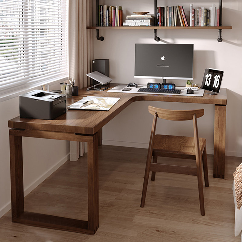 Solid wood walnut-colored L-shaped corner desk, Right, 29.53"H*70.87"W*55.12"D