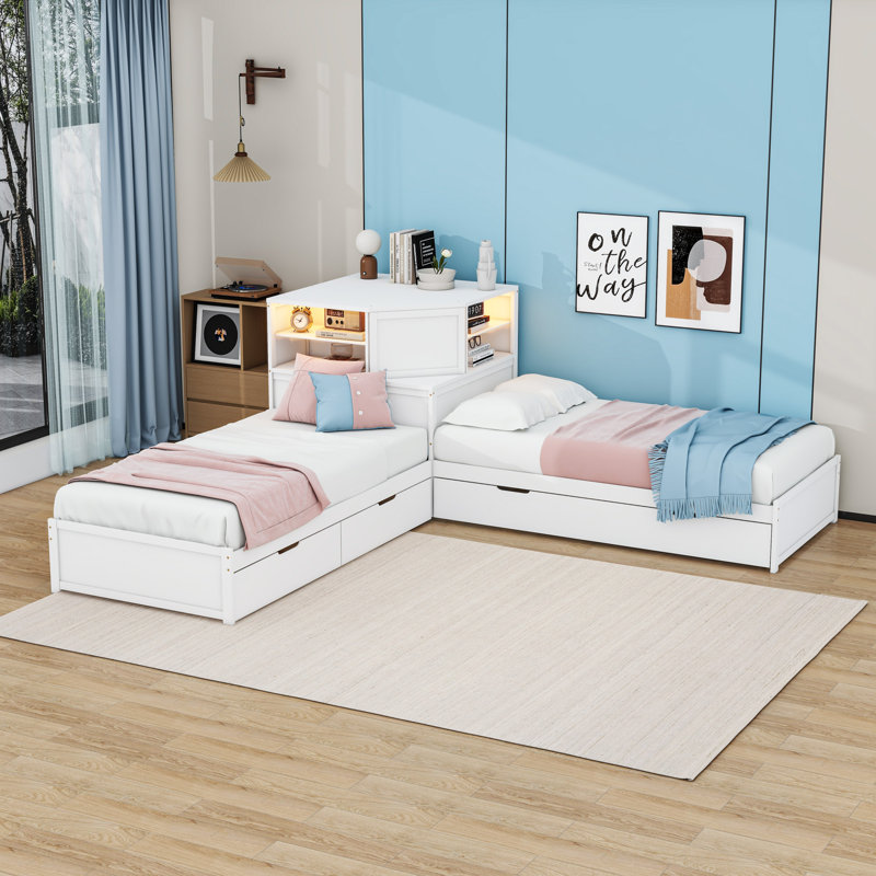 Lit plateforme simple en L avec bureau intégré, lit gigogne simple et 2 tiroirs, Blanc