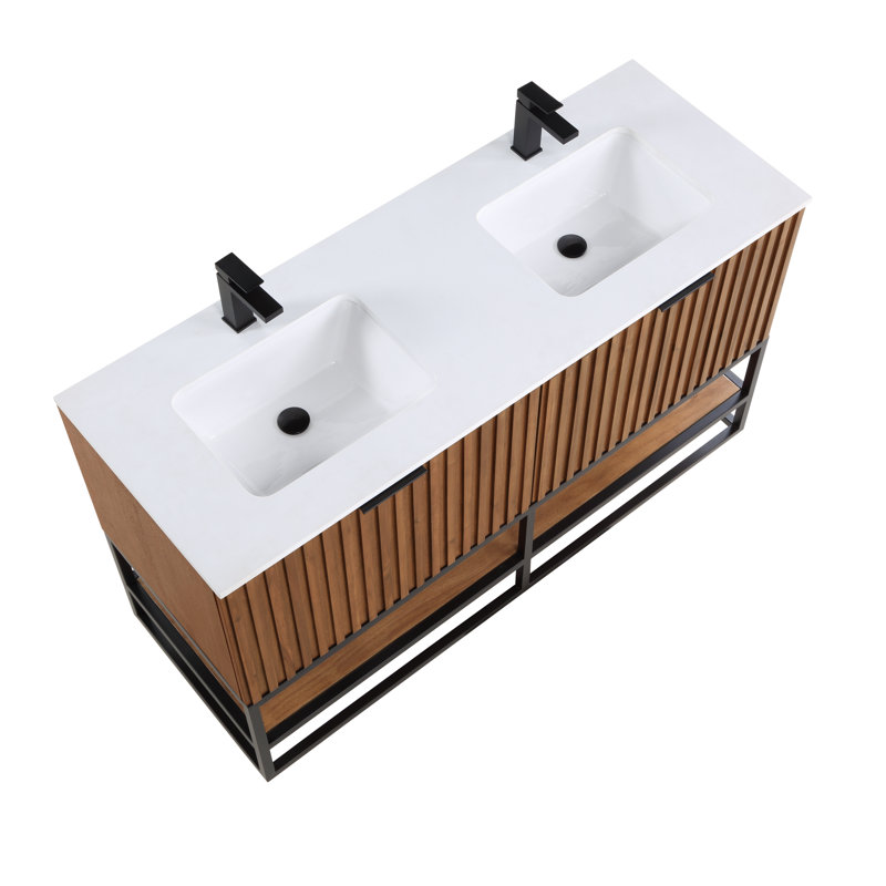 Terra 60'' W Double Vanity, Walnut, White Quartz/Single Faucet Mount, Matte Black