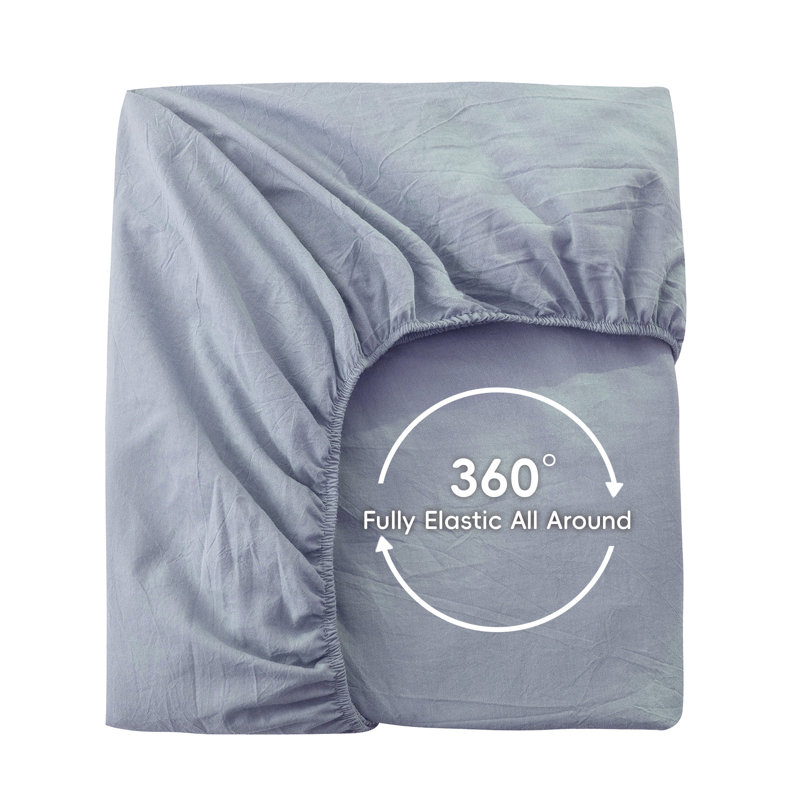 MooMee Fitted Sheet Extra Deep Pocket 100% Washed Cotton Linen Like Textured , Cornflower Blue, Queen 