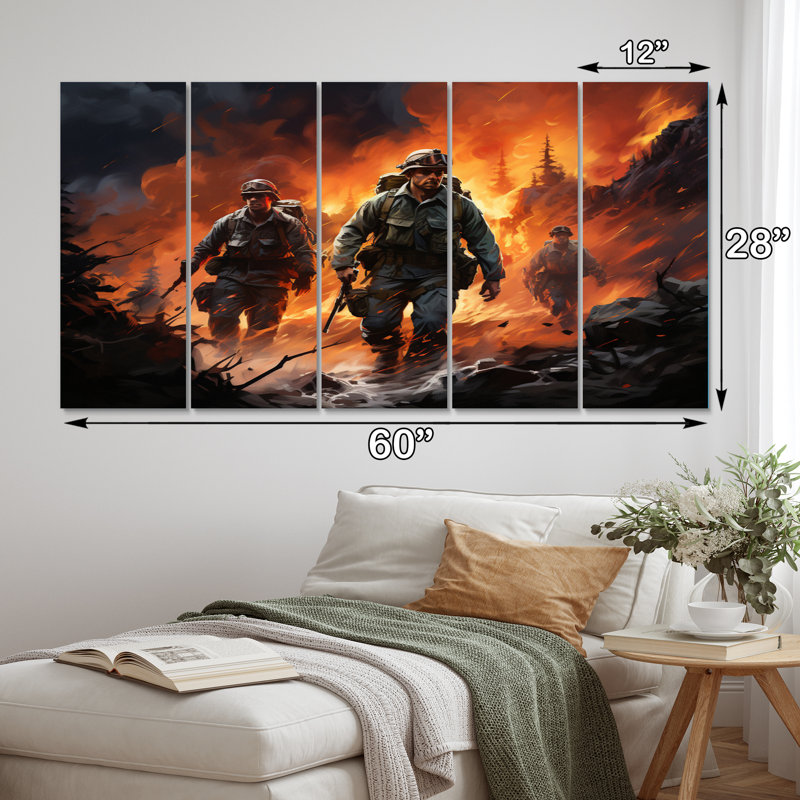 Heros In Action V - Fireman Wall Art Living Room - 5 Equal Panels