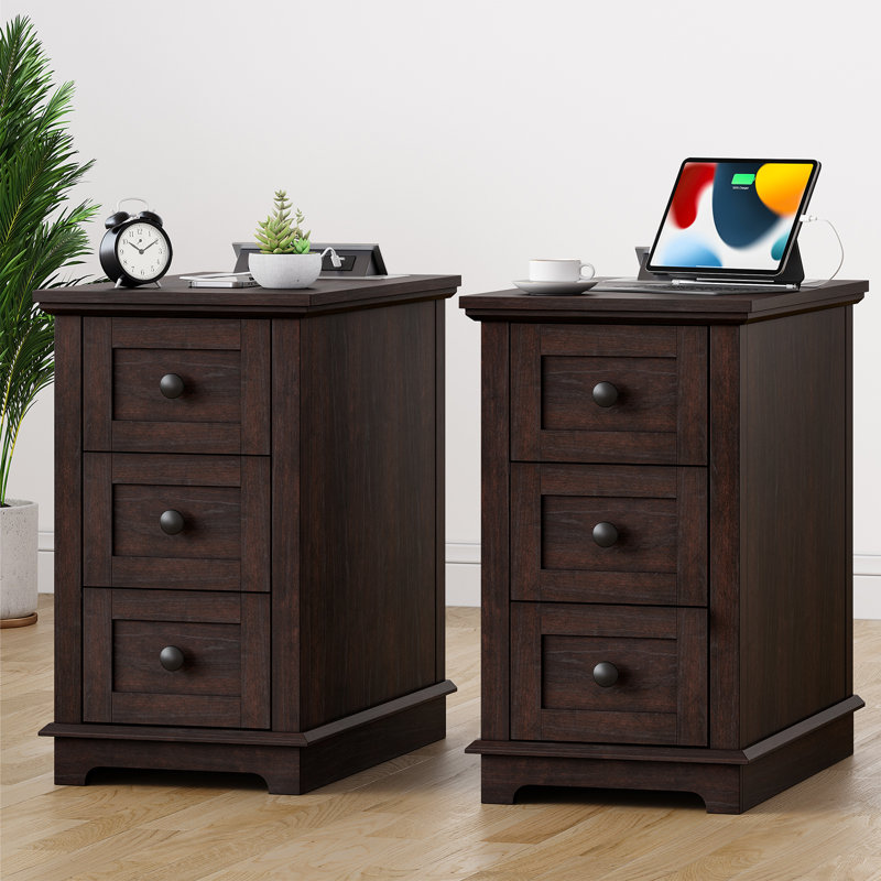 3 Drawers End Tables with Storage and Built-in Outlets for Living Room, Brown Top/Brown Base, 2