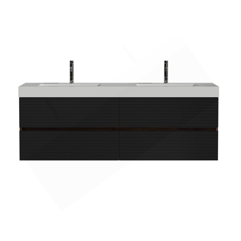 Meuble-lavabo de 60 po en noyer Grace avec lavabo à surface blanc brillant et tiroirs noirs doux, meuble-lavabo mural flottant pour salle de bain moderne, lavabo une pièce sans drainage, pré-assemblé