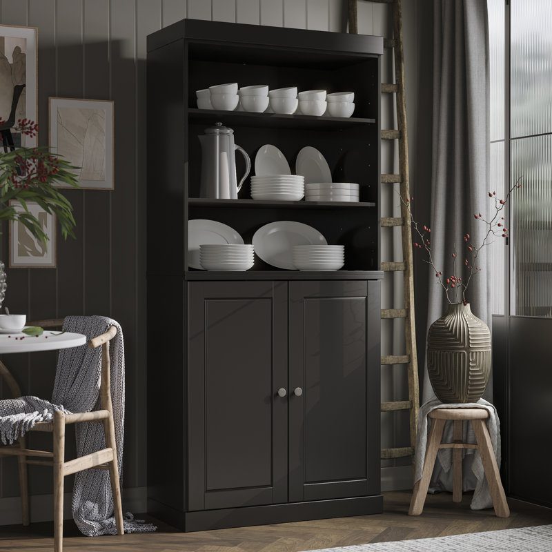 Garde-manger Birce 100% bois massif 32 po avec portes solides, 2 tiroirs et tablettes réglables, Noir