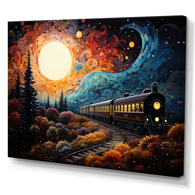 Train enchanted voyage pointillisme sur toile, Toile tendue, H 24 po x l 32 po x P 1 po