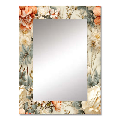 Ahanna Beige Vintage Countryhouse Flower Harmony - Patchwork Decorative Mirror, Patchwork Large Wall Mirror, Printed Metal Art