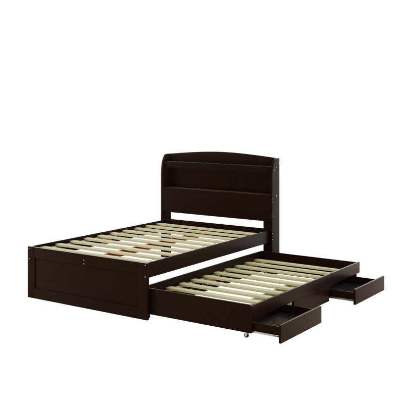 Bed With Trundle, Drawers and Outlet, Brown, Full