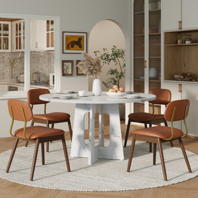 Modern Wooden Round MDF Dining Table Set with Solid Wood Chairs, 47" for Dining Room and Kitchen