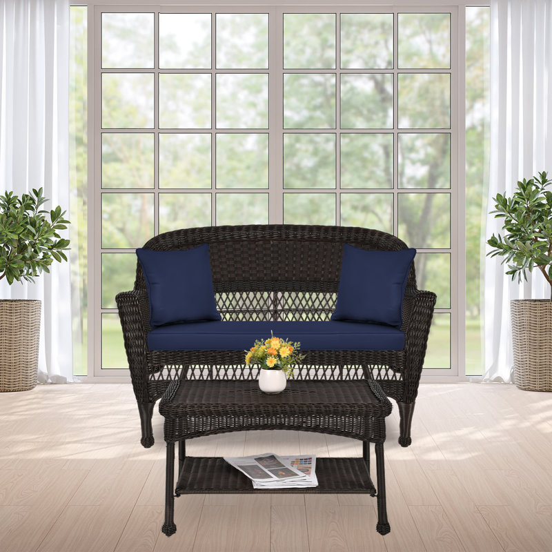 Nathanael 2 - Person Patio Conversation Set with Cushions, Espresso, Blue