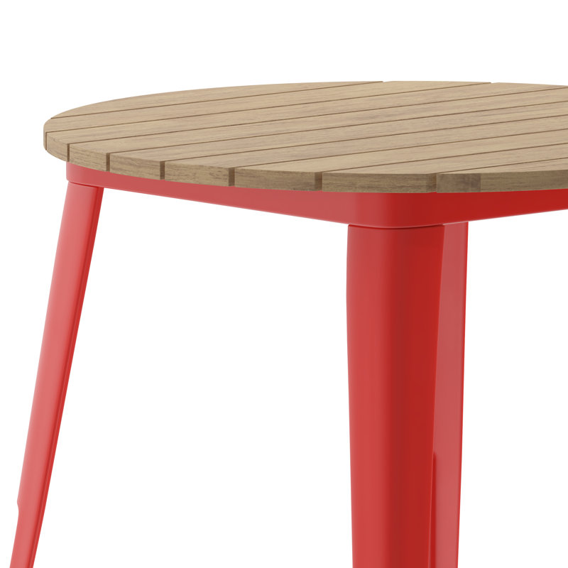 Graciana Round Commercial Indoor/Outdoor Poly Resin Restaurant Table with Steel Frame, Brown Top/Red Base, 30" W x 30" L