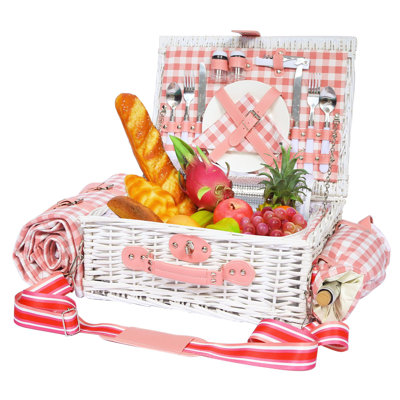Picnic Basket For 2 With Waterproof Blanket And Wine Pouch, Insulated Wicker Picnic Basket Set, Large Willow Hamper For Outdoor, Beach, Camping, Couples, Wedding Gift, Pink