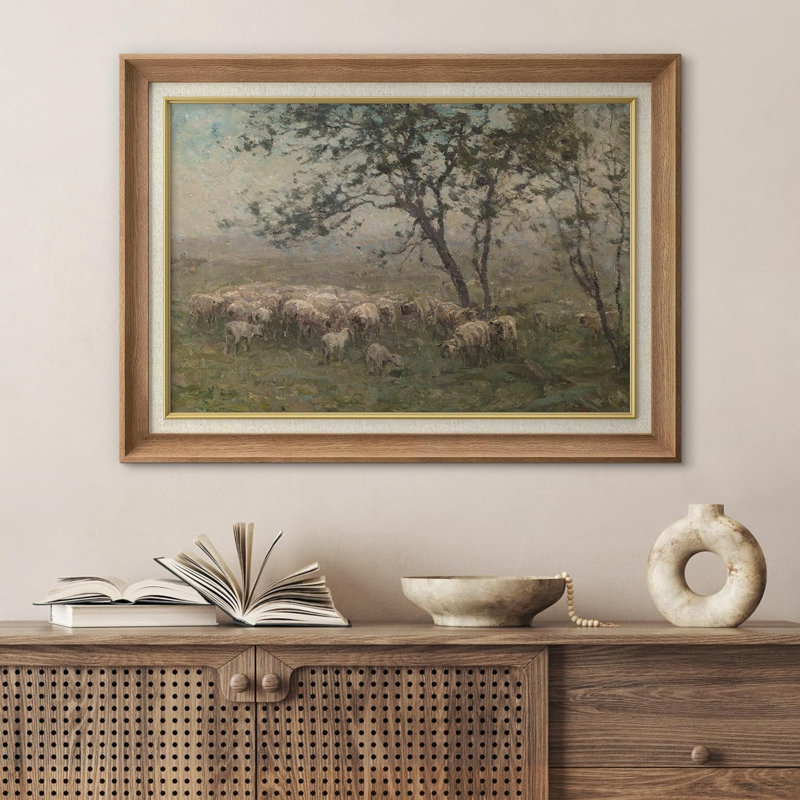 Rustic Countryside " IDEA4WALL Premium Framed Wall Art Sheep Grazing Rustic Farmland Nature Wilderness Illustrations Fine Art Farmhouse/Country Decorative Rustic Vintage Antique Classic For Bedroom "