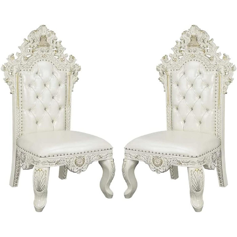Antique White Tufted Faux Leather Ornate Side Chairs, Set of 2