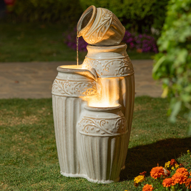 Outdoor Ceramic / Porcelain Weather Resistant Fountain with Lights, Beige, 27.25" H x 13.75" W x 13.75" D