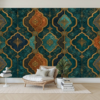 Wall Mural Peel and Stick Wallpaper Moroccan Geometric Tile Teal Gold Vintage Metallic Self-Adhesive Removable Contact Paper Wall Decor for Living Room Bedroom 100"H x 144"W