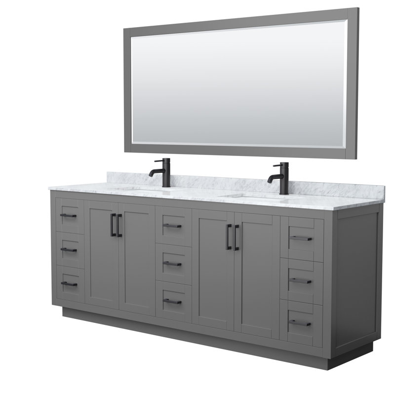 Miranda 84" Freestanding Double Bathroom Vanity with Marble Top with 70" Mirror, Dark Gray, Matte Black
