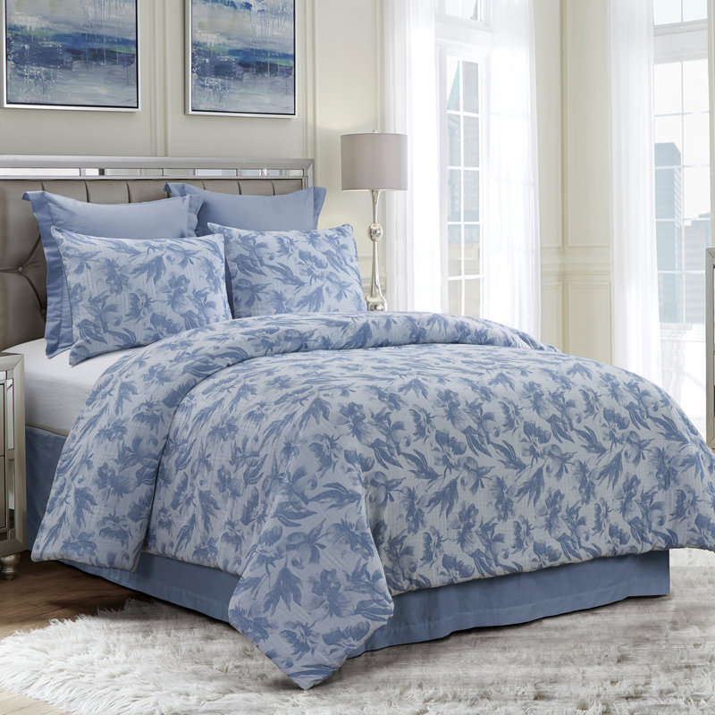 Ensemble d'édredon en coton 3 pièces Almaria, Bleu, Édredon grand + 2 taies décoratives