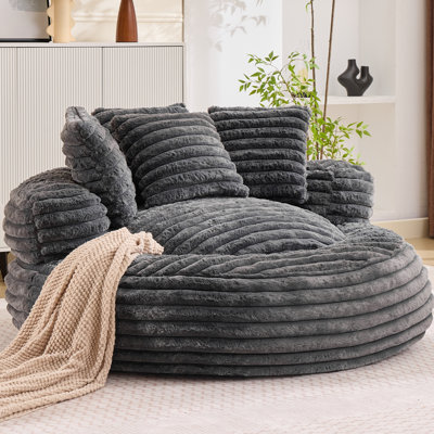 Fauteuil à billes rond surdimensionné de 55,1 po pour adultes, fauteuil de détente en fausse fourrure moelleuse, grand fauteuil à billes confortable avec rembourrage en mousse compressée, fauteuil de lecture et de jeu confortable pour la chambre à coucher et le salon