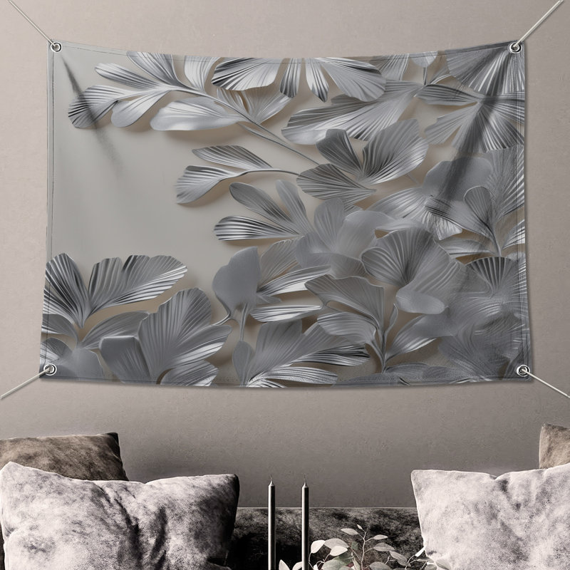 Tapisserie murale feuilles argentées - Décoration murale feuilles, H 68 po x l 80 po avec 4 œillets